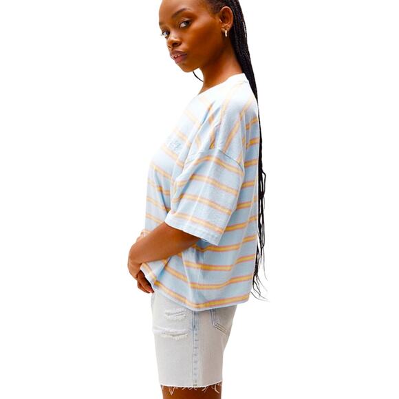 EUC Billabong Feeling Free Cropped Boxy Tee Light Blue Retro Stripes Womens Med - Picture 5 of 13